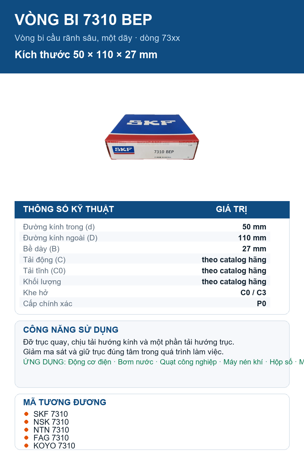 Vòng bi SKF 7310 BEP 50x110x27mm — Ảnh thông số (Pinterest)