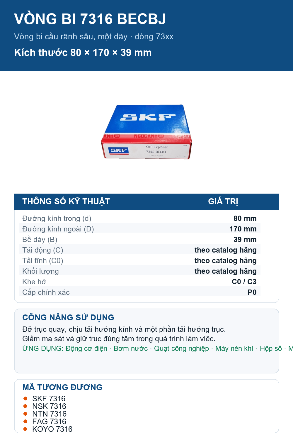 Vòng bi SKF 7316 BECBJ 80x170x39mm — Ảnh thông số (Pinterest)