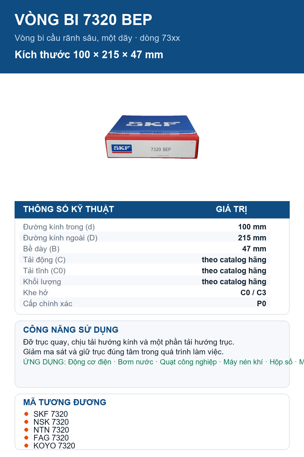 Vòng bi SKF 7320 BEP 100x215x47mm — Ảnh thông số (Pinterest)