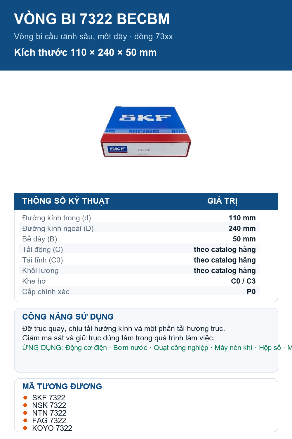 Vòng bi SKF 7322 BECBM 110x240x50mm — Ảnh thông số (Pinterest)