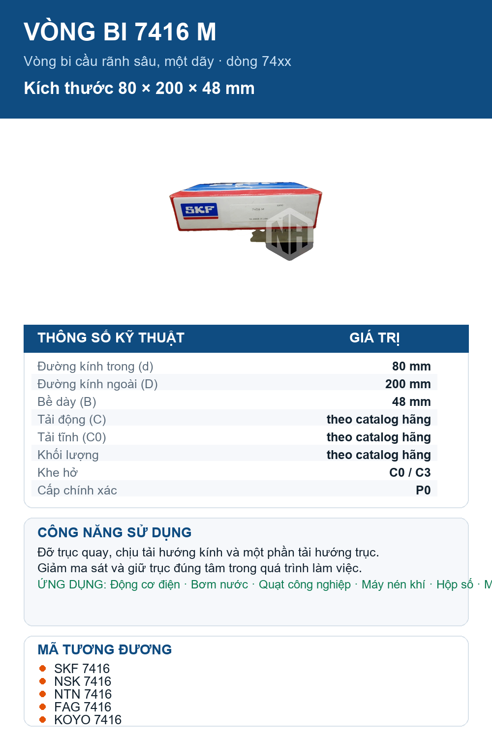 Vòng bi SKF 7416 M 80x200x48mm — Ảnh thông số (Pinterest)