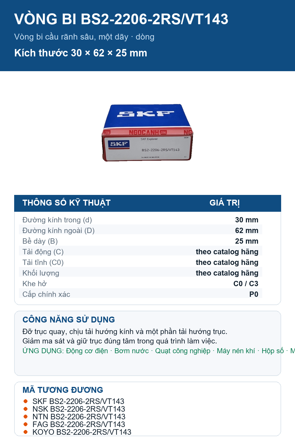 Vòng bi SKF BS2-2206-2RS/VT143 30x62x25mm — Ảnh thông số (Pinterest)