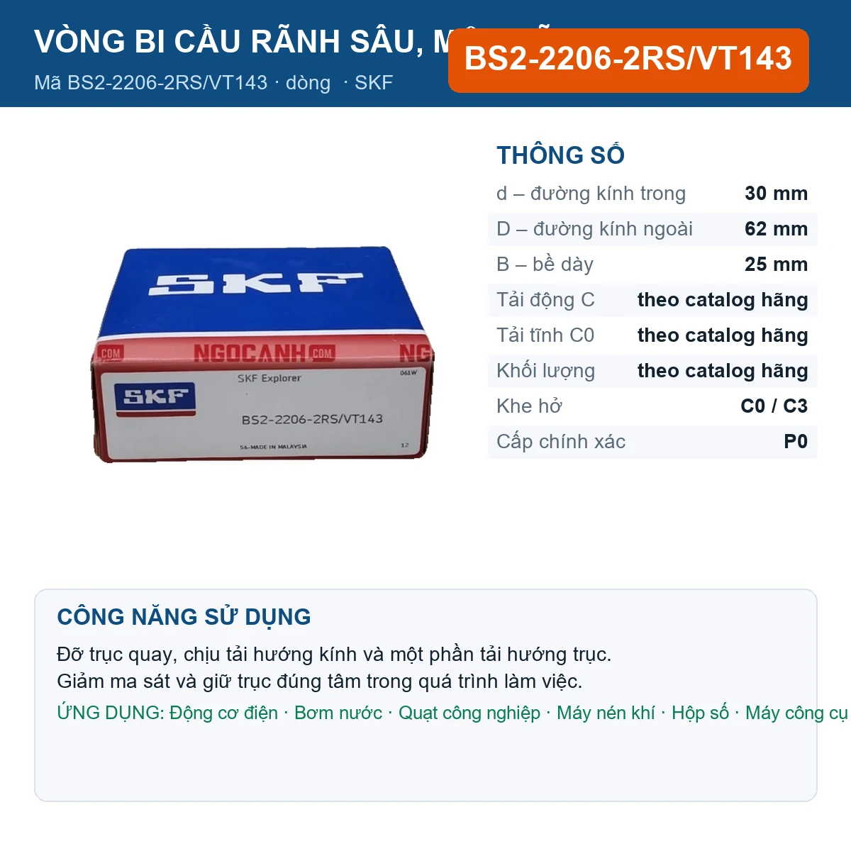Vòng bi SKF BS2-2206-2RS/VT143 30x62x25mm — Ảnh đăng sản phẩm (web)