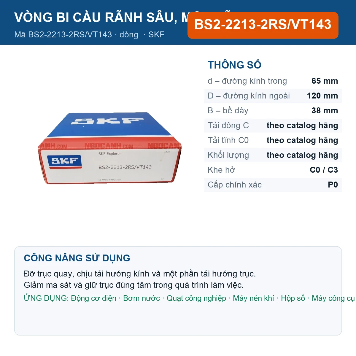 Vòng bi SKF BS2-2213-2RS/VT143 65x120x38mm — Ảnh đăng sản phẩm (web)
