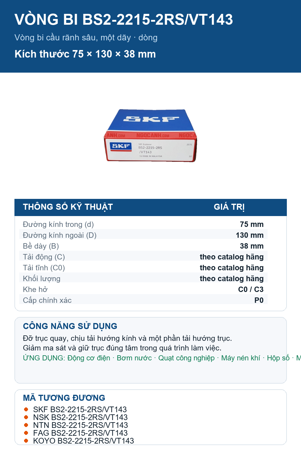 Vòng bi SKF BS2-2215-2RS/VT143 75x130x38mm — Ảnh thông số (Pinterest)