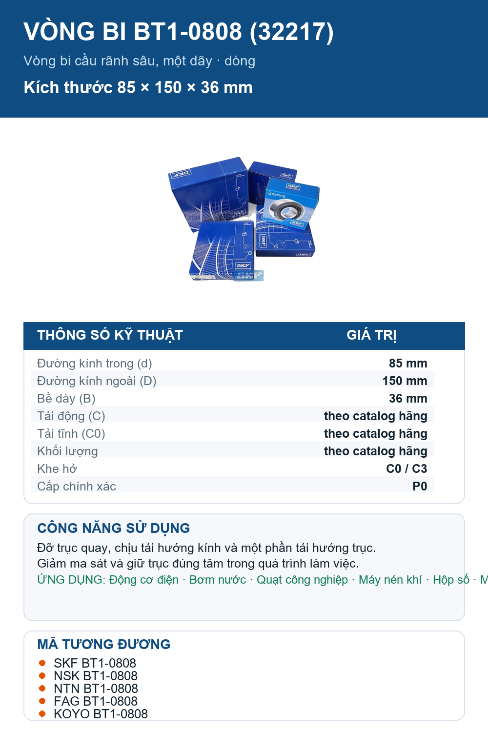 Vòng bi SKF BT1-0808 (32217) 85x150x36mm — Ảnh thông số (Pinterest)