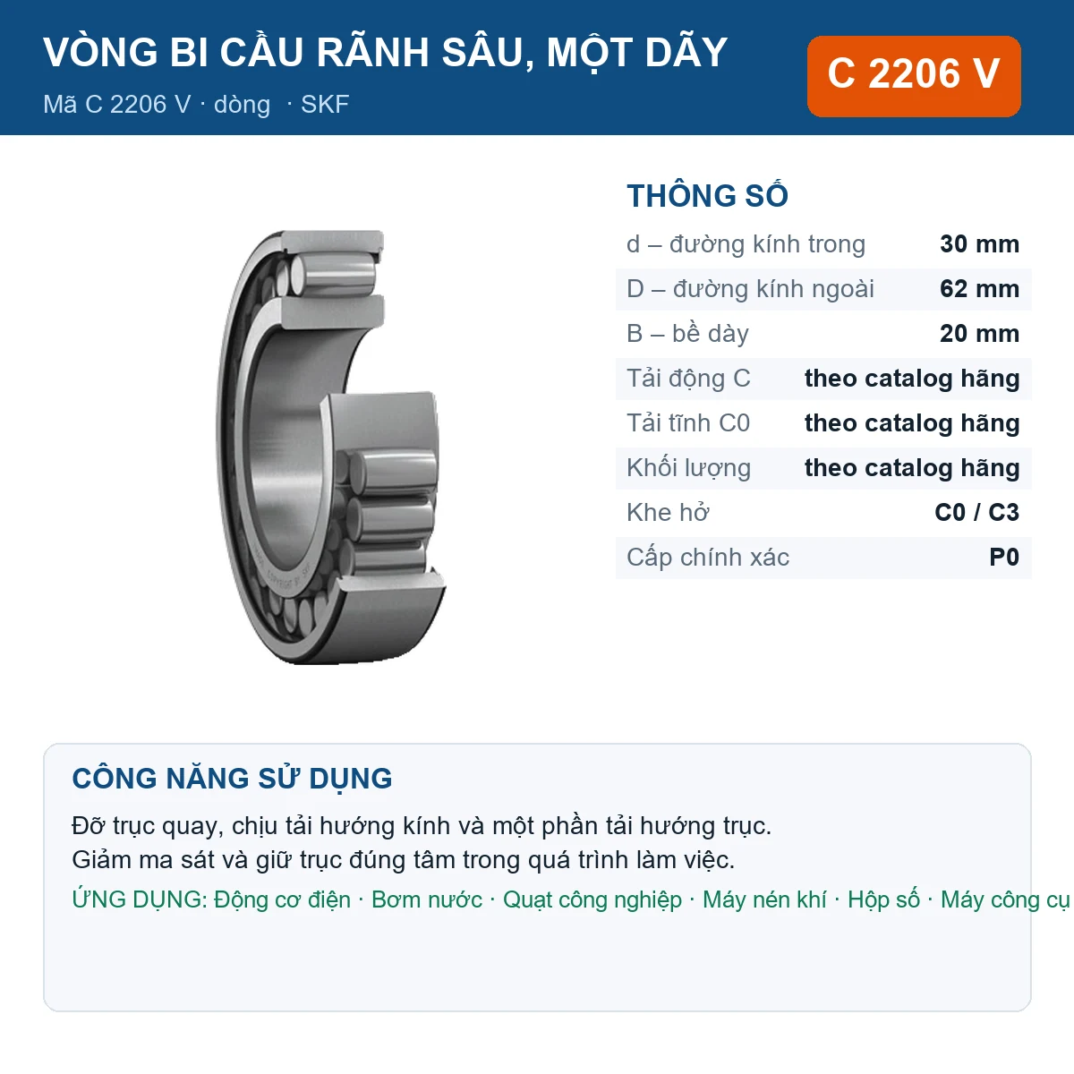 Vòng bi SKF C 2206 V — kích thước 30x62x20mm