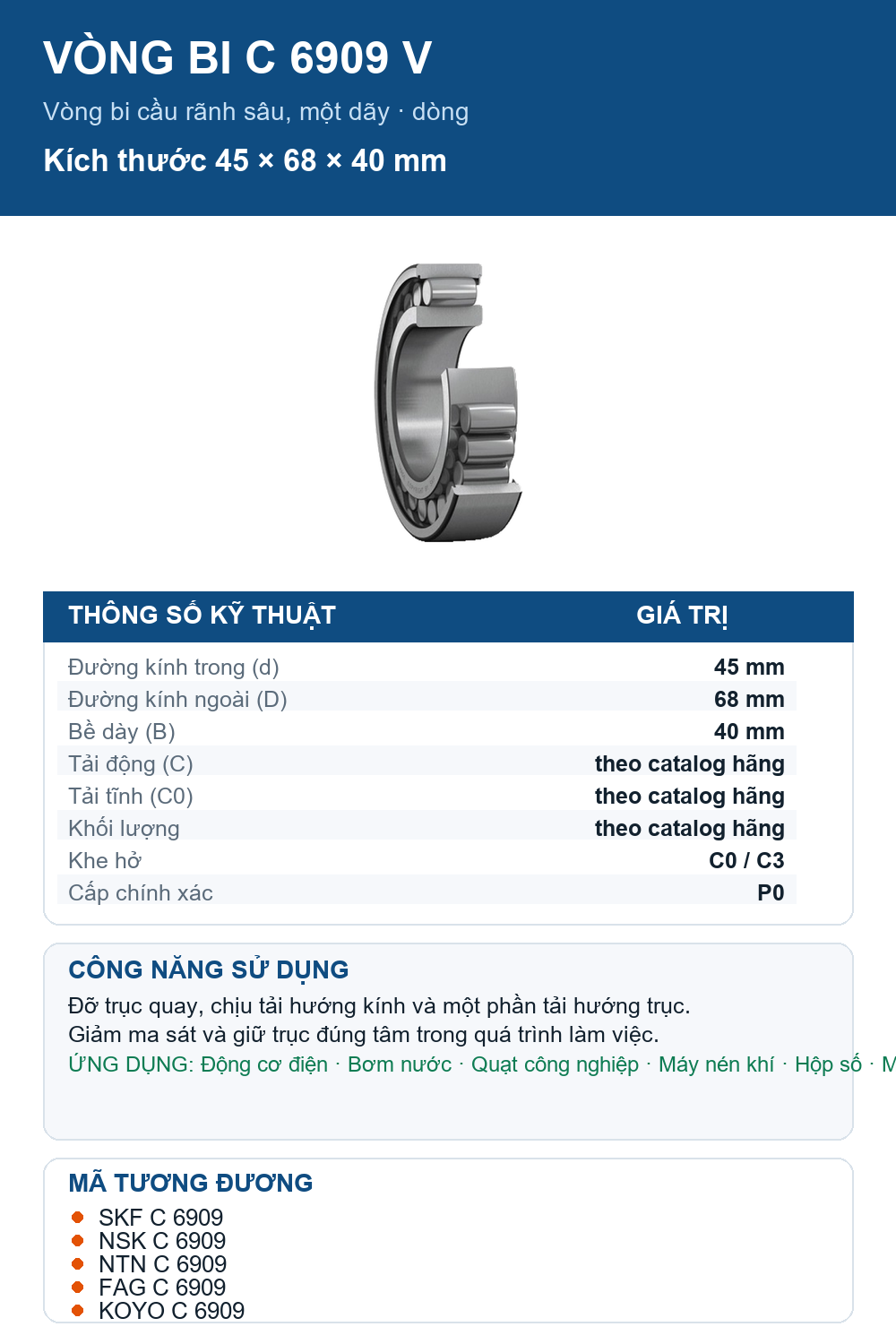 Vòng bi SKF C 6909 V 45x68x40mm — Ảnh thông số (Pinterest)