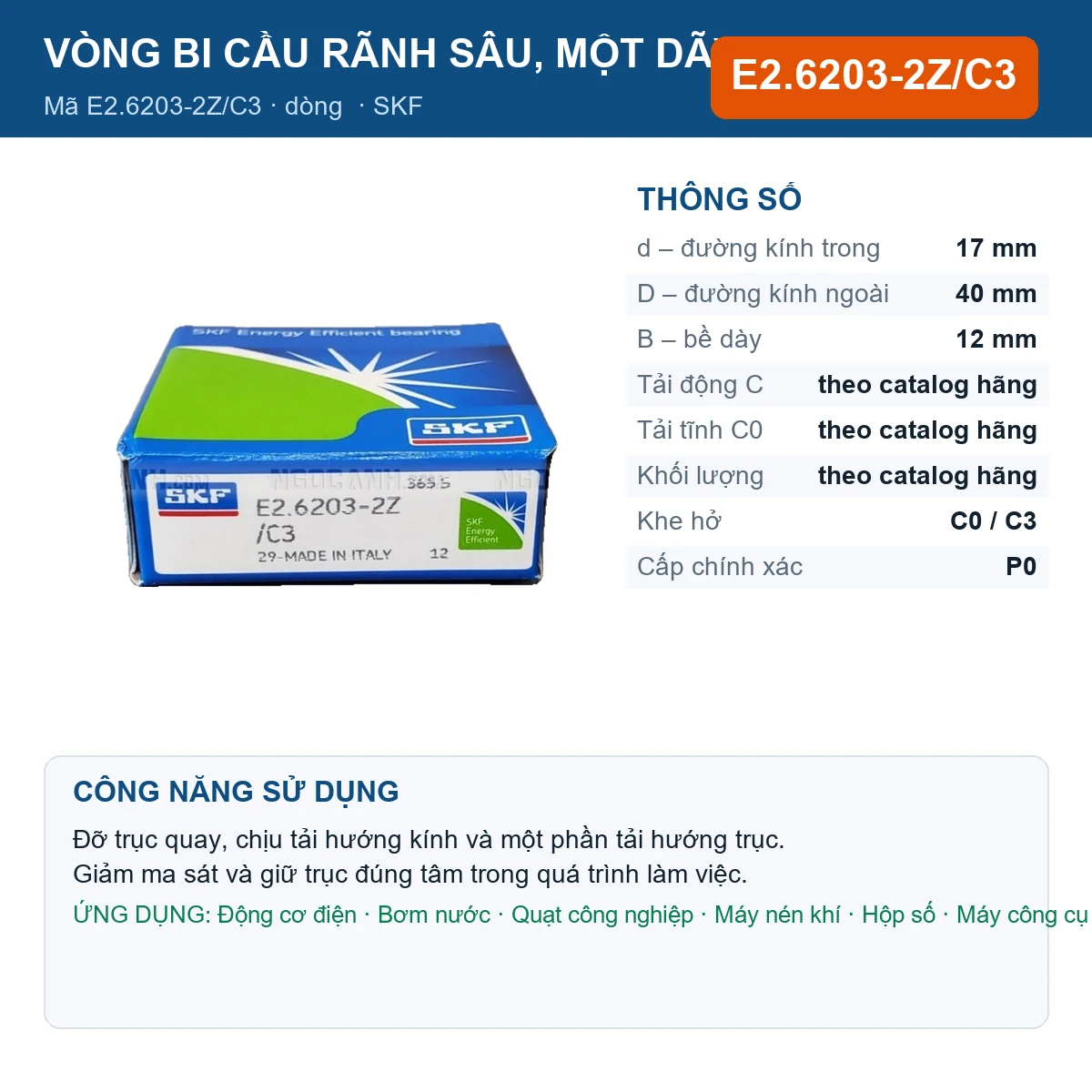 Vòng bi SKF E2.6203-2Z/C3 17x40x12mm — Ảnh đăng sản phẩm (web)