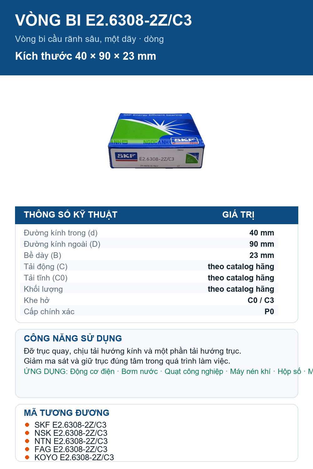 Vòng bi SKF E2.6308-2Z/C3 40x90x23mm — Ảnh thông số (Pinterest)