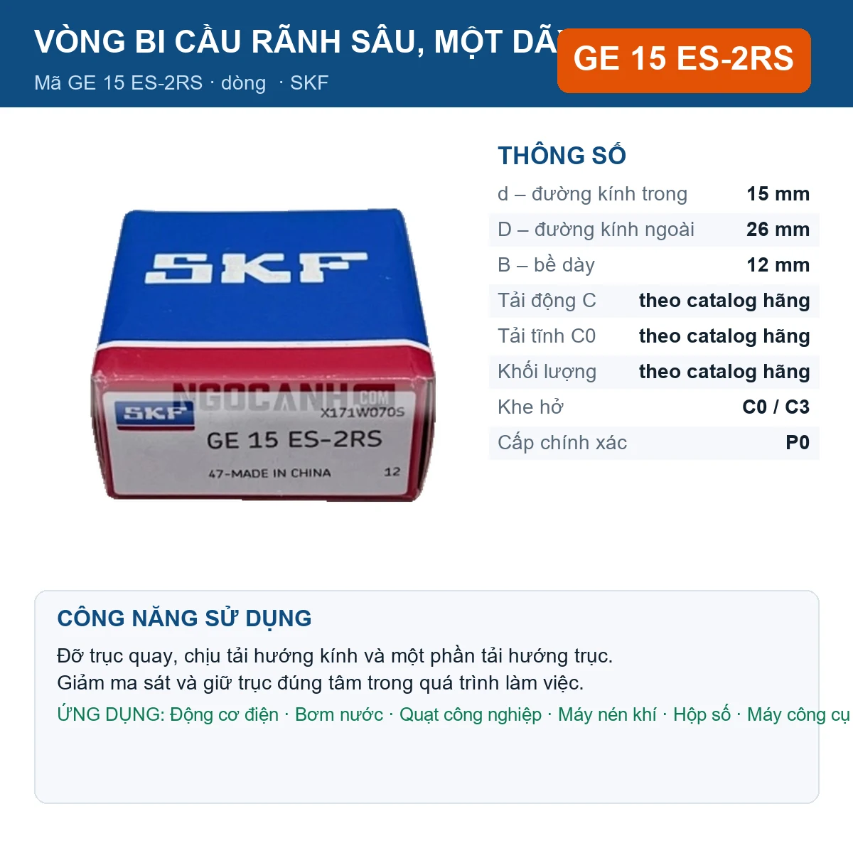 Vòng bi SKF GE 15 ES-2RS — kích thước 15x26x12mm