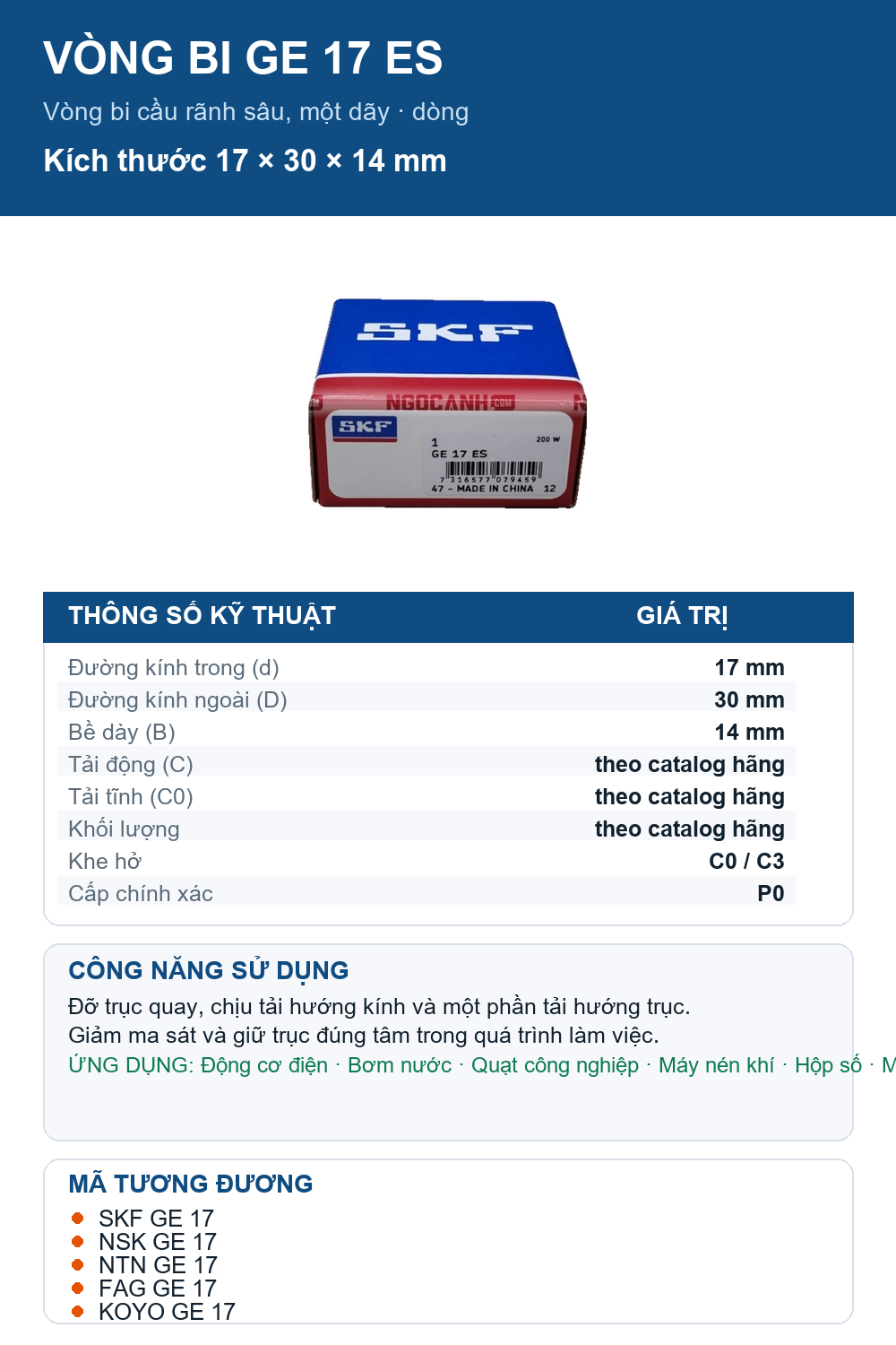 Vòng bi SKF GE 17 ES 17x30x14mm — Ảnh thông số (Pinterest)