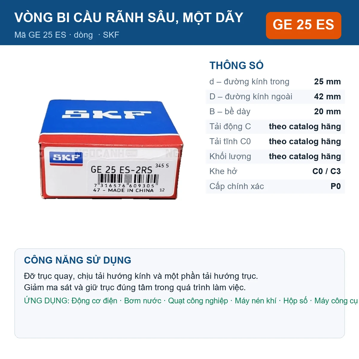 Vòng bi SKF GE 25 ES — kích thước 25x42x20mm