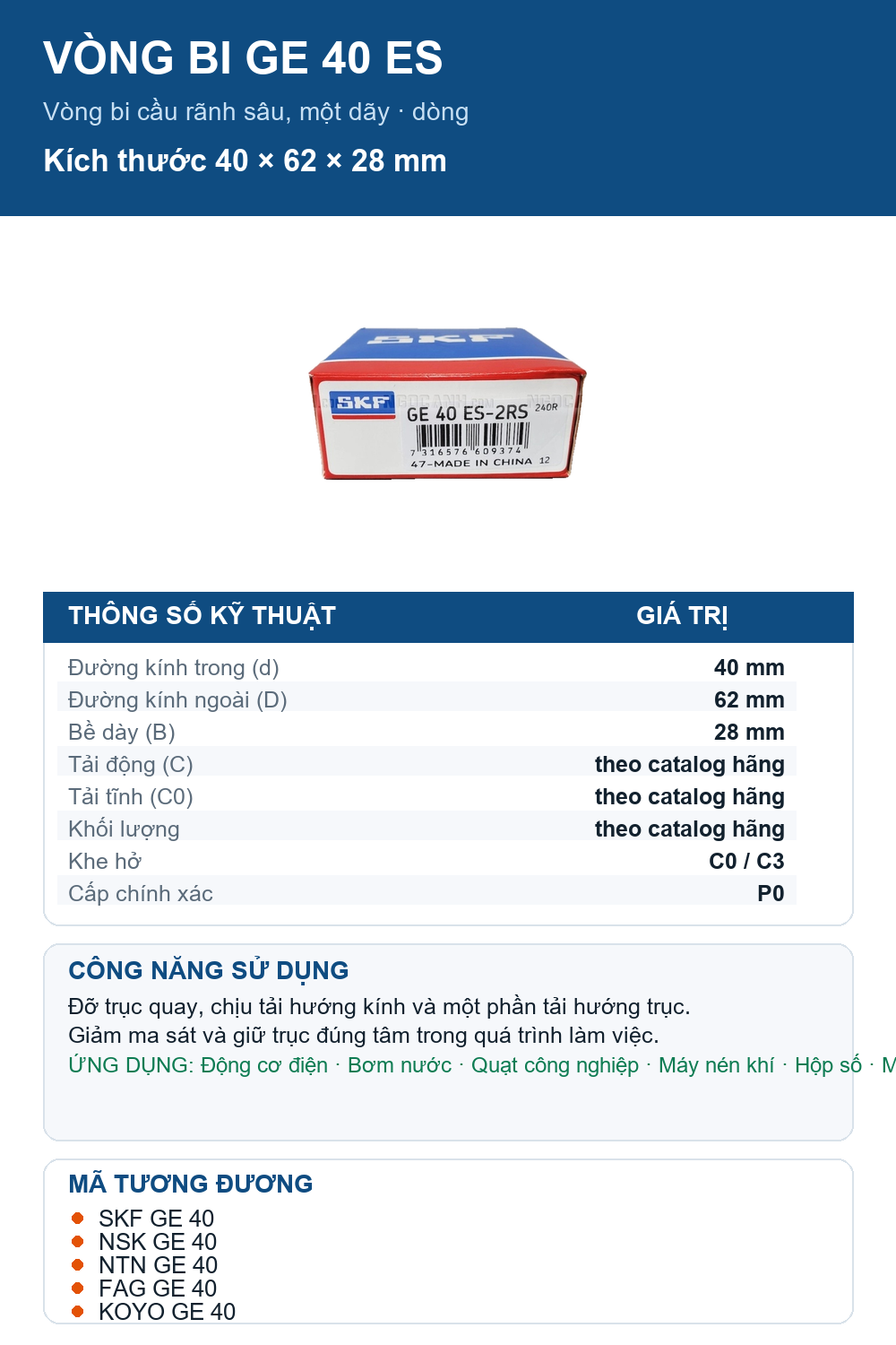 Vòng bi SKF GE 40 ES 40x62x28mm — Ảnh thông số (Pinterest)