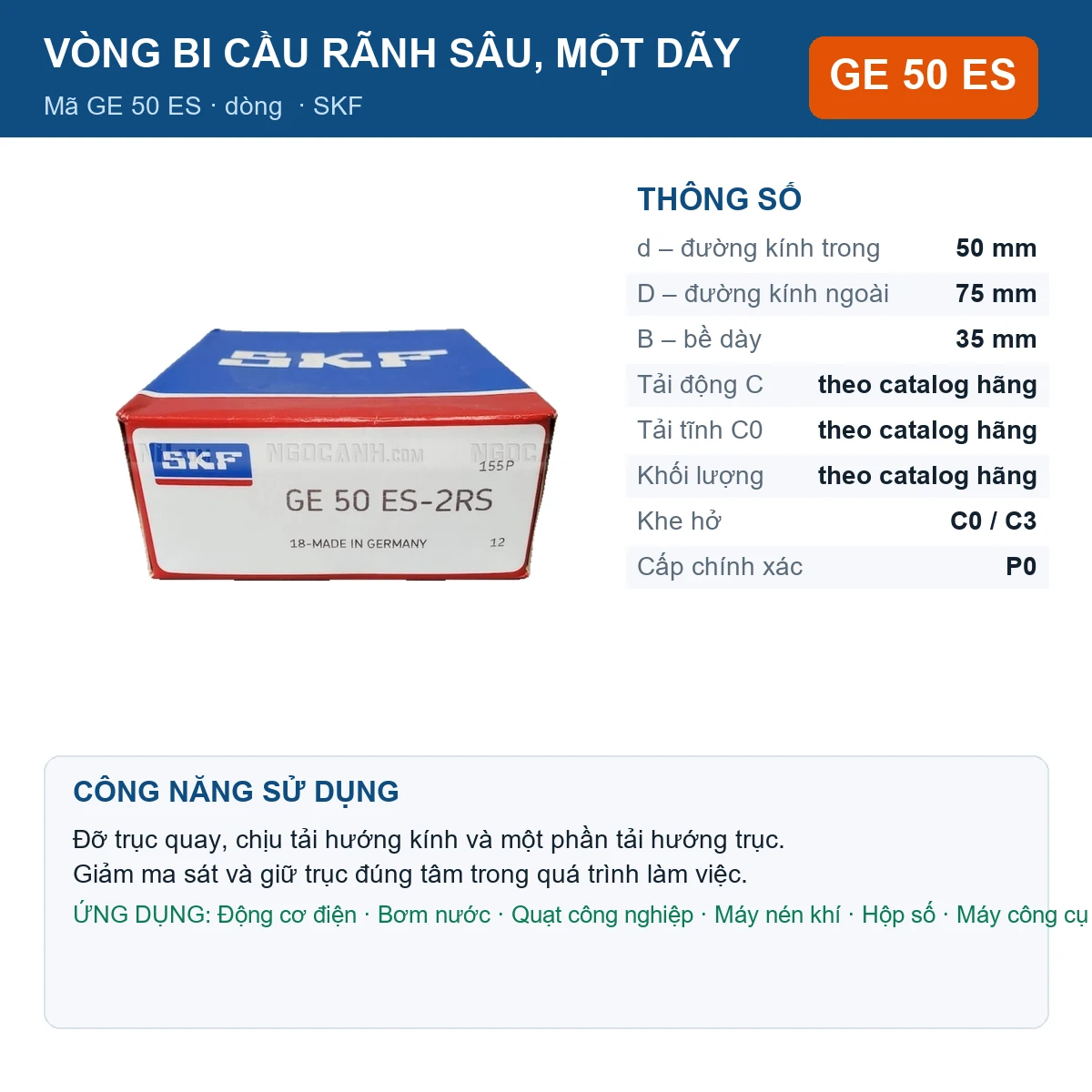 Vòng bi SKF GE 50 ES — kích thước 50x75x35mm