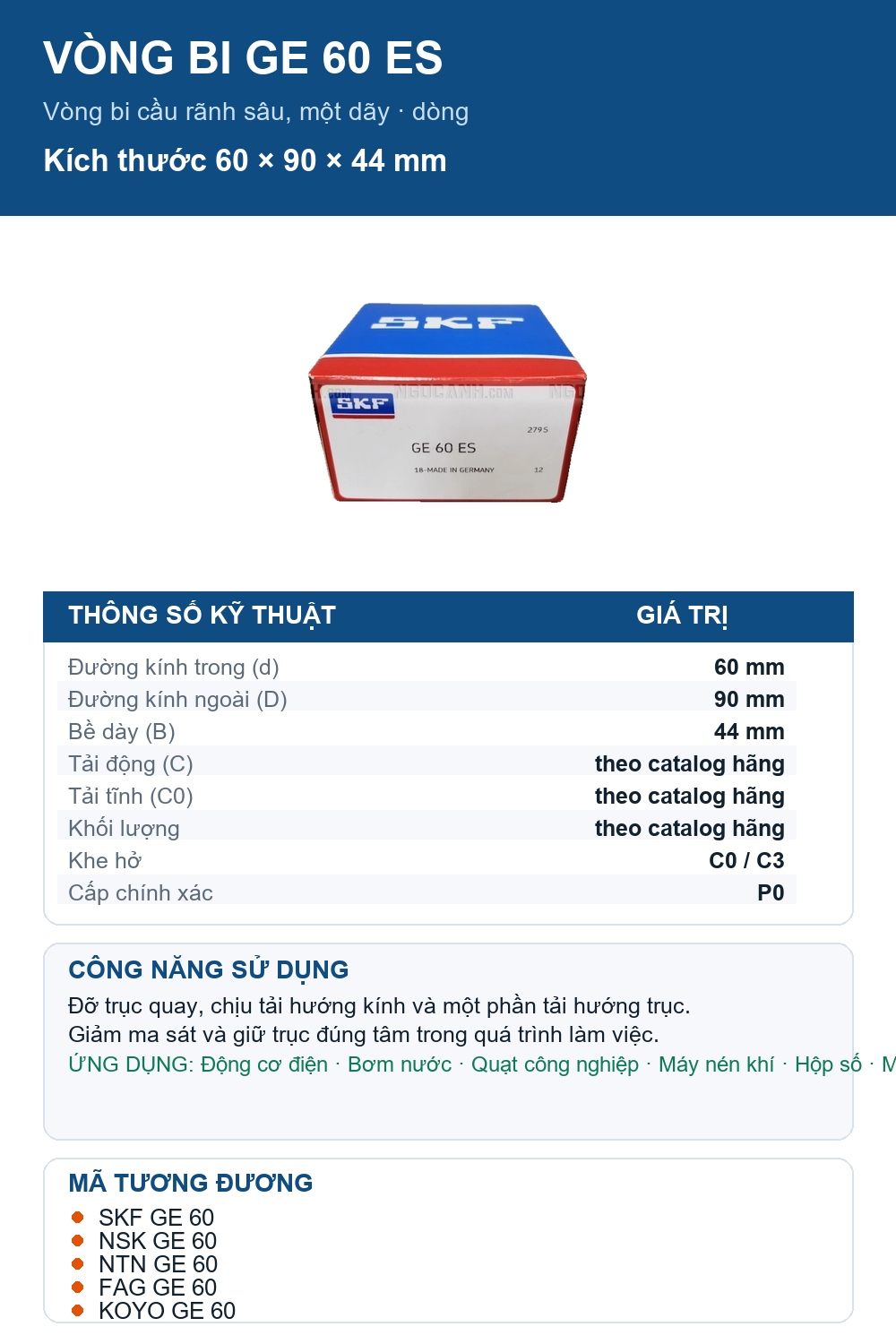 Vòng bi SKF GE 60 ES 60x90x44mm — Ảnh thông số (Pinterest)