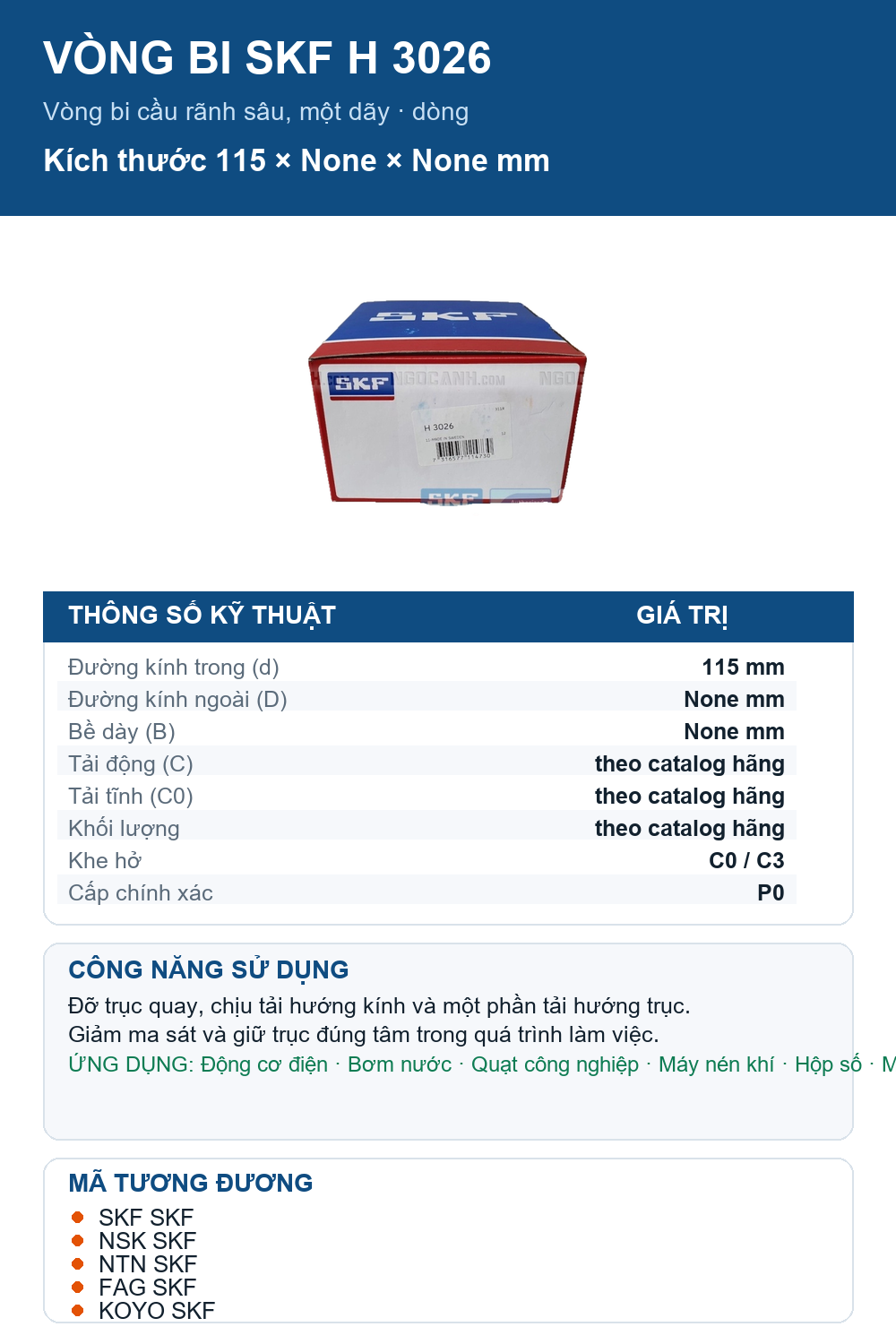 Vòng bi SKF H 3026 115mm — Ảnh thông số (Pinterest)
