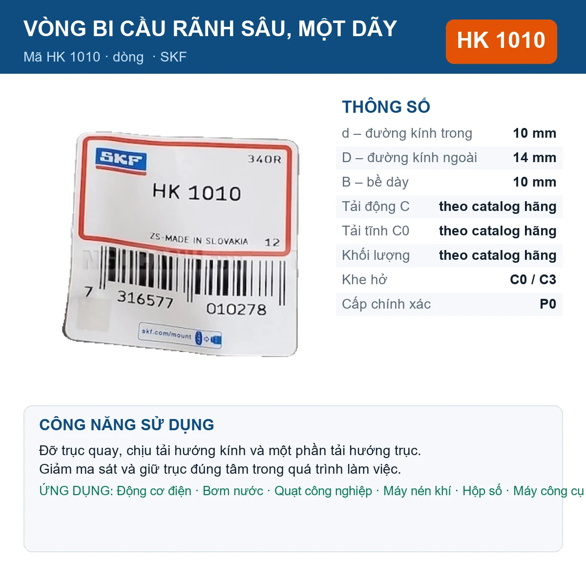 Vòng bi SKF HK 1010 10x14x10mm — Ảnh đăng sản phẩm (web)