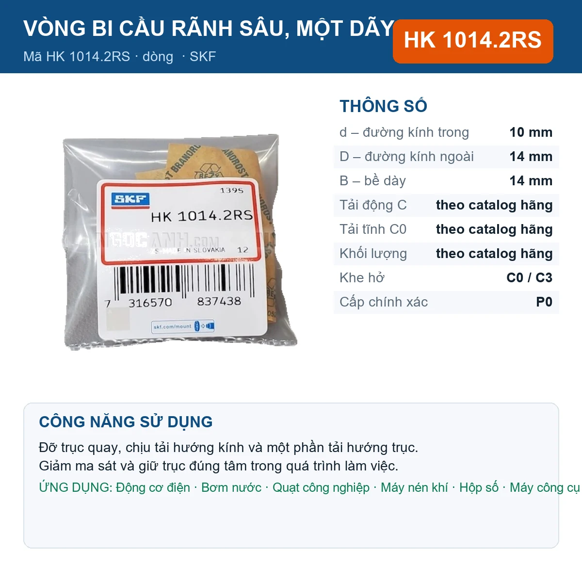 Vòng bi SKF HK 1014.2RS 10x14x14mm — Ảnh đăng sản phẩm (web)