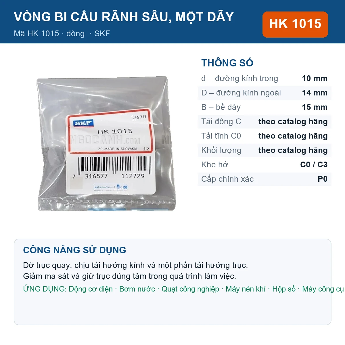 Vòng bi SKF HK 1015 10x14x15mm — Ảnh đăng sản phẩm (web)