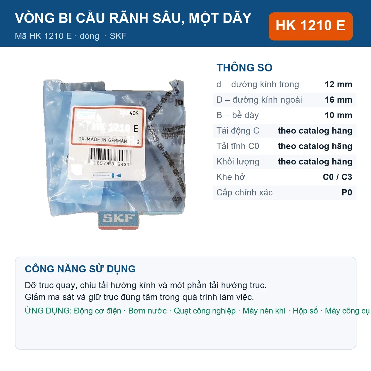 Vòng bi SKF HK 1210 E 12x16x10mm — Ảnh đăng sản phẩm (web)