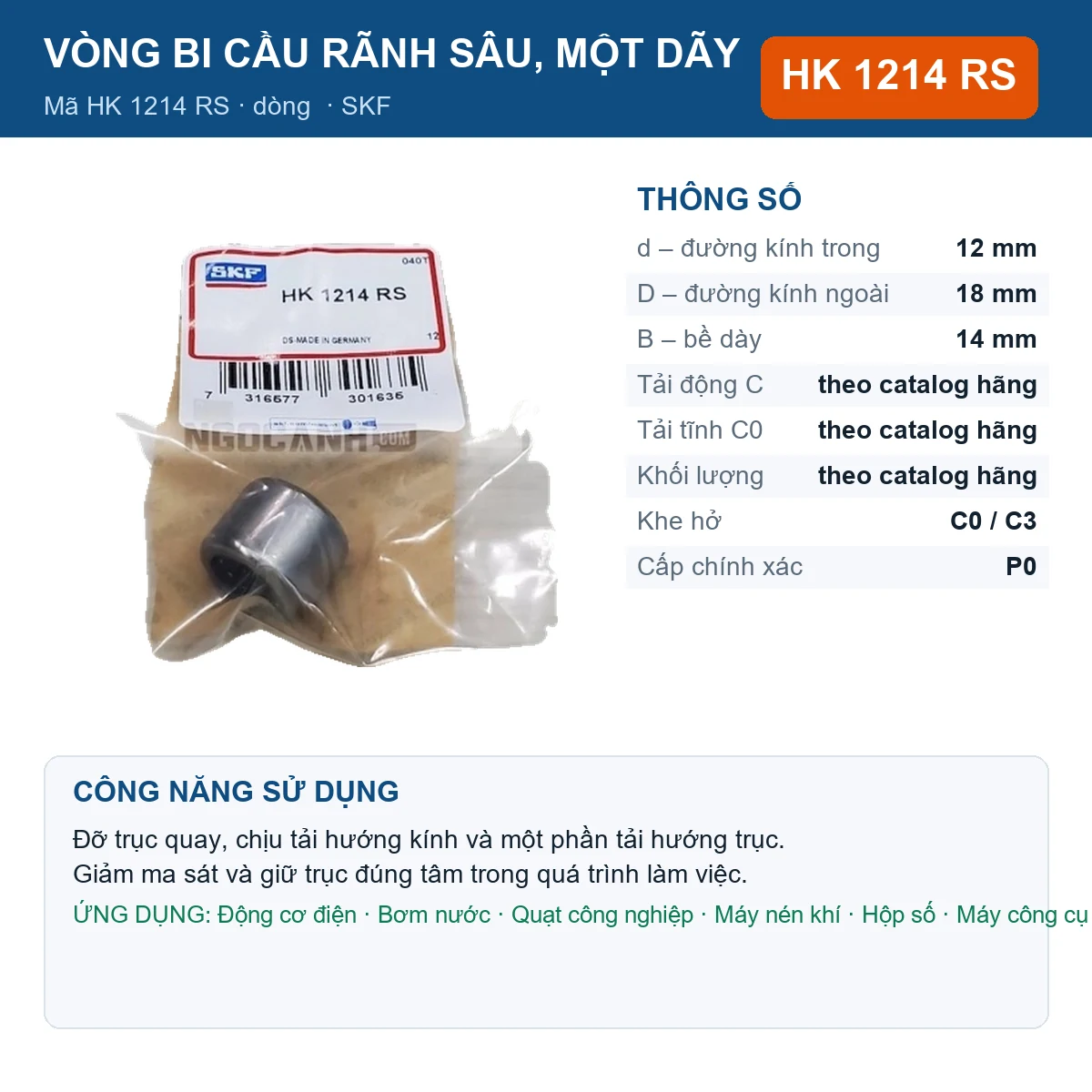 Vòng bi SKF HK 1214 RS 12x18x14mm — Ảnh đăng sản phẩm (web)