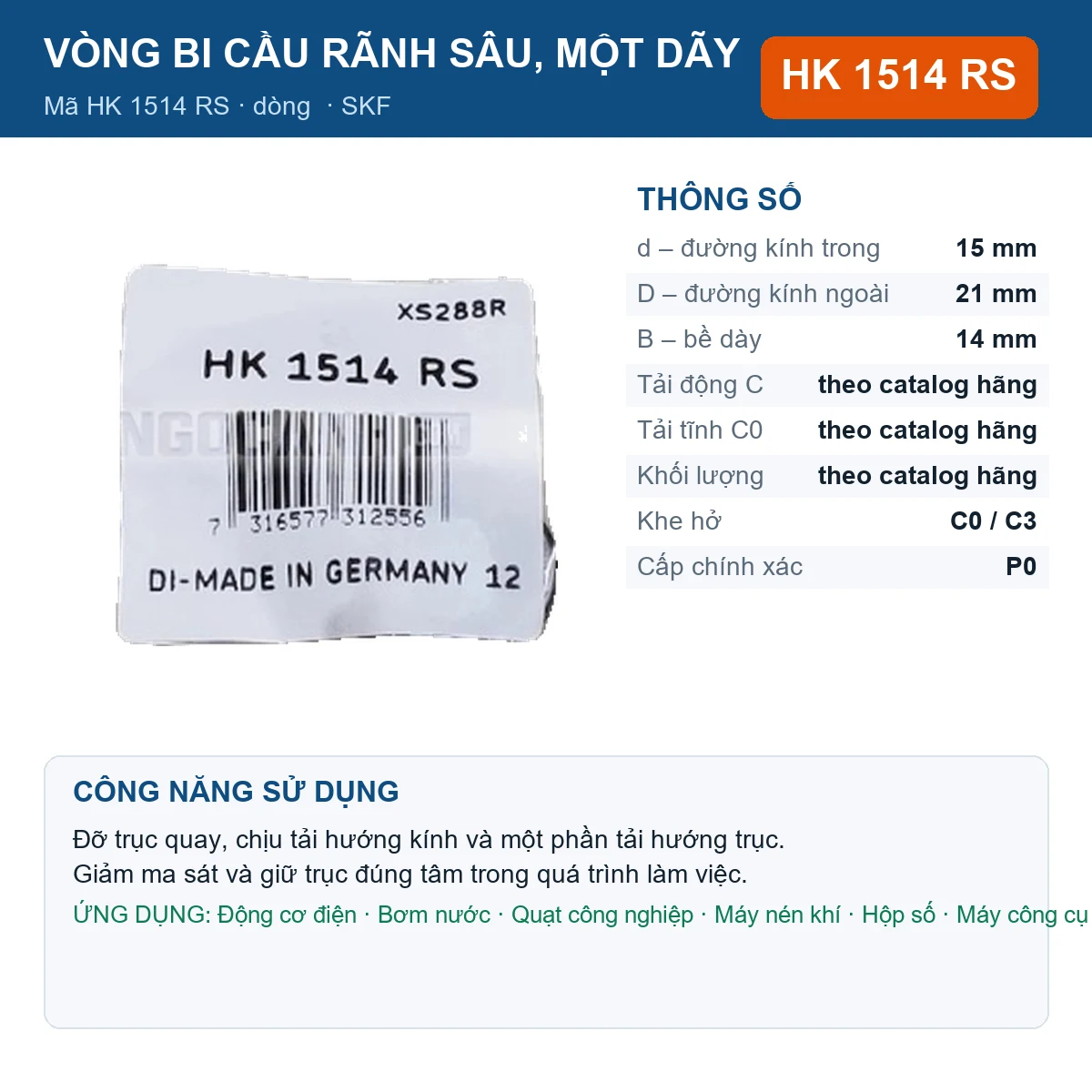 Vòng bi SKF HK 1514 RS 15x21x14mm — Ảnh đăng sản phẩm (web)