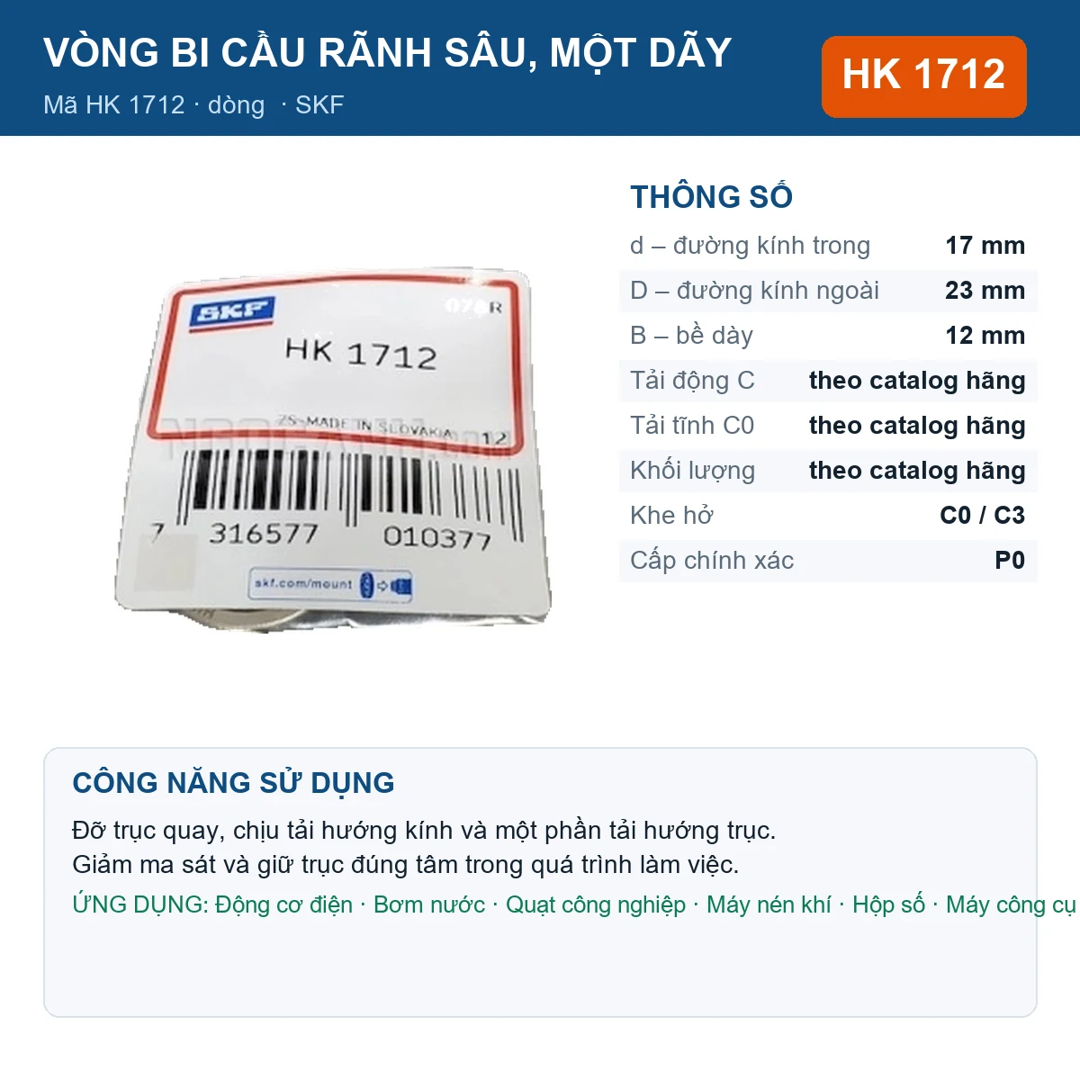 Vòng bi SKF HK 1712 17x23x12mm — Ảnh đăng sản phẩm (web)