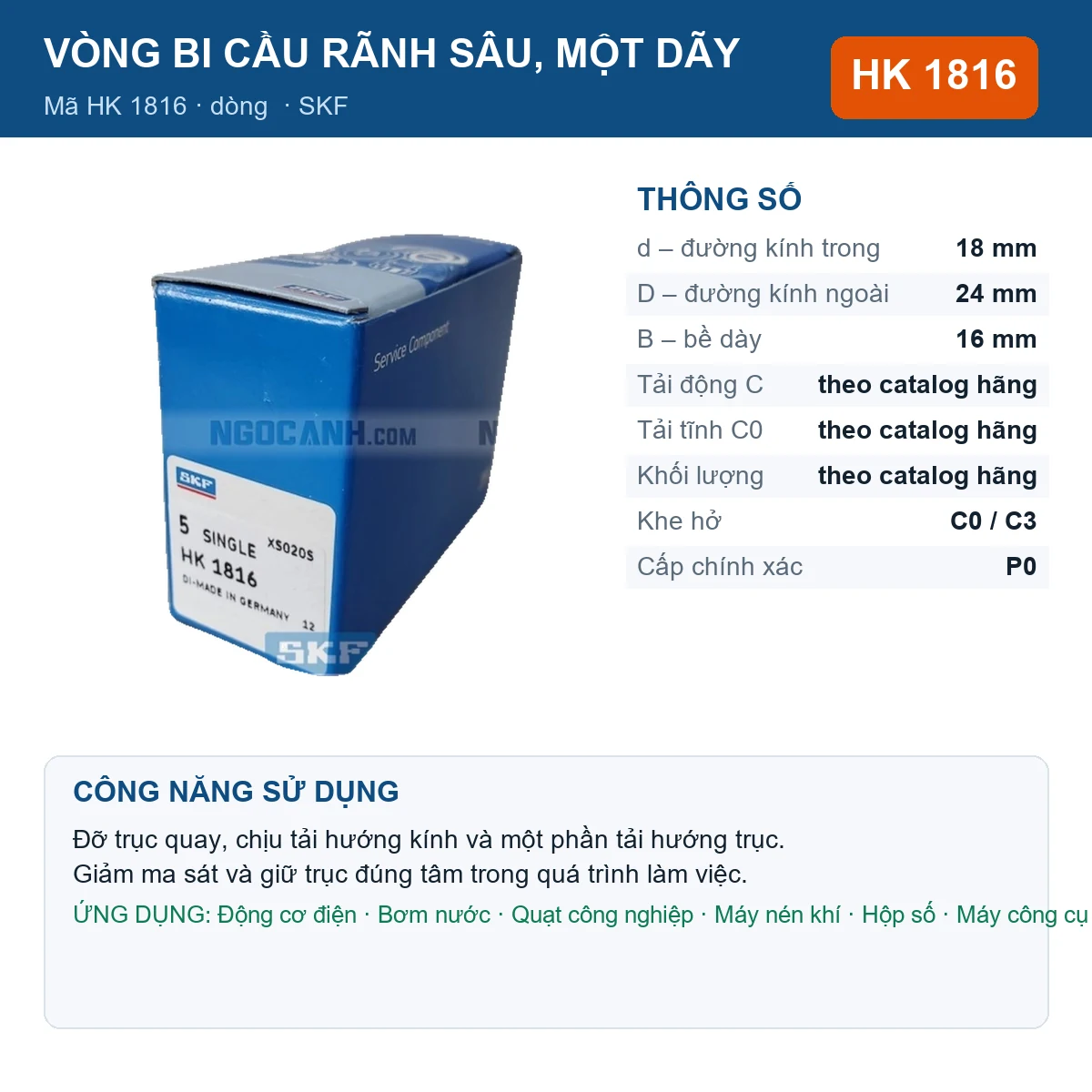 Vòng bi SKF HK 1816 18x24x16mm — Ảnh đăng sản phẩm (web)