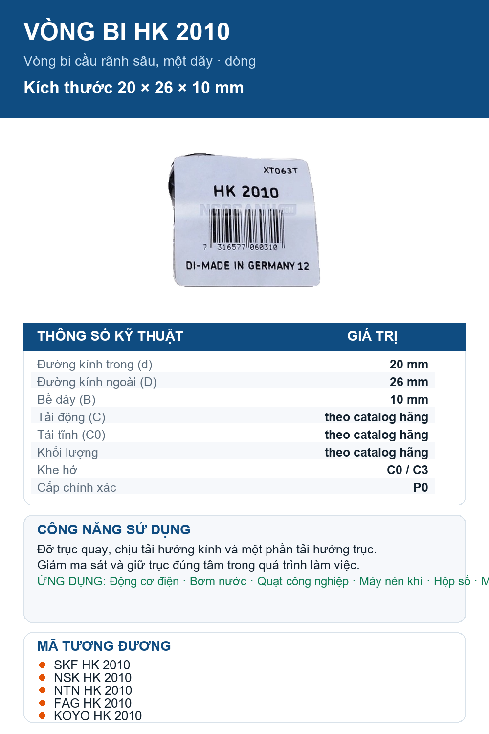 Vòng bi SKF HK 2010 20x26x10mm — Ảnh thông số (Pinterest)