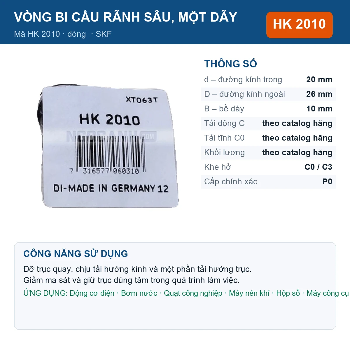 Vòng bi SKF HK 2010 20x26x10mm — Ảnh đăng sản phẩm (web)