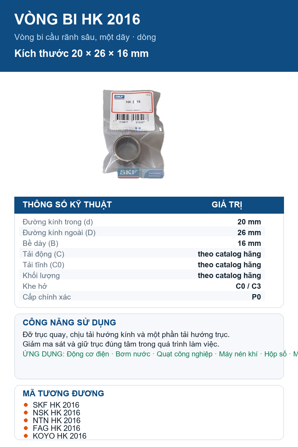 Vòng bi SKF HK 2016 20x26x16mm — Ảnh thông số (Pinterest)
