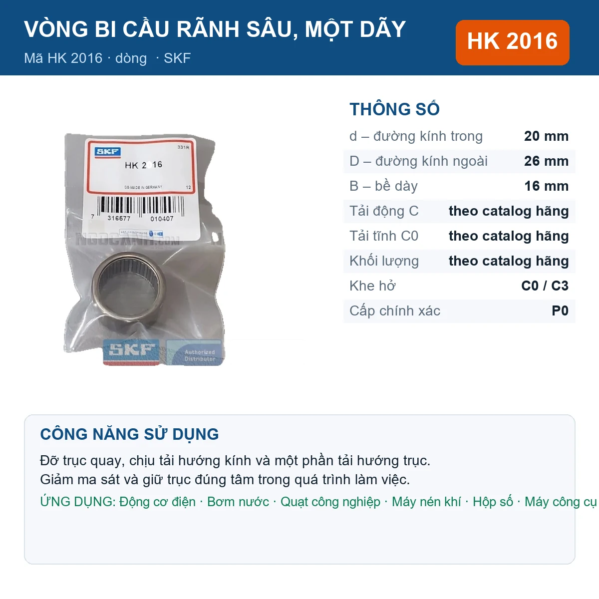 Vòng bi SKF HK 2016 20x26x16mm — Ảnh đăng sản phẩm (web)