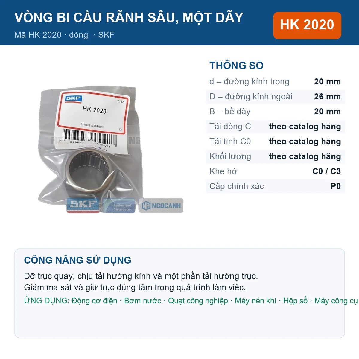 Vòng bi SKF HK 2020 20x26x20mm — Ảnh đăng sản phẩm (web)
