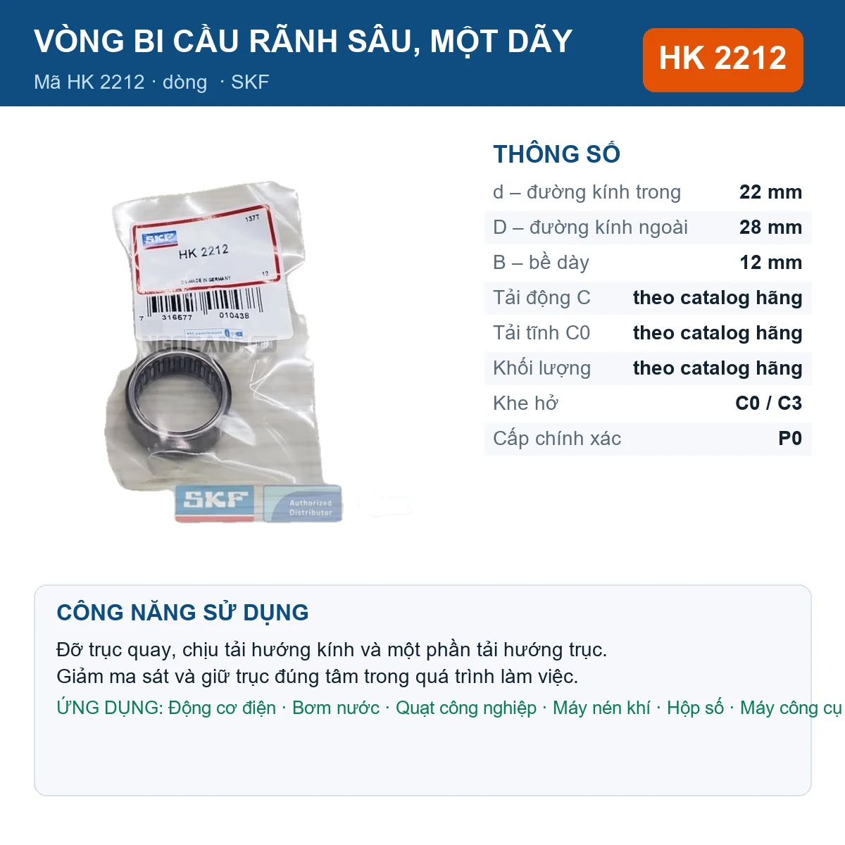 Vòng bi SKF HK 2212 — kích thước 22x28x12mm