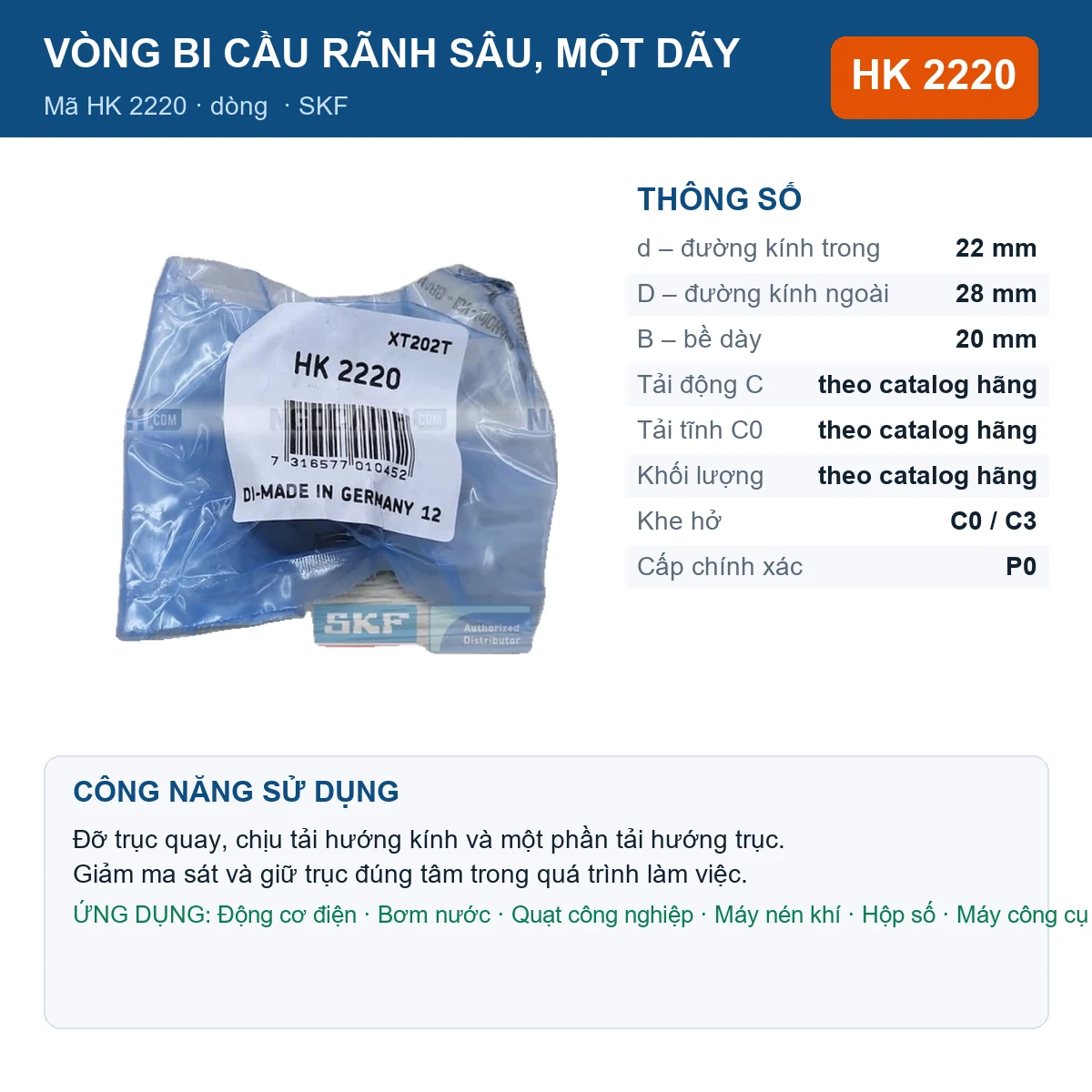 Vòng bi SKF HK 2220 — kích thước 22x28x20mm