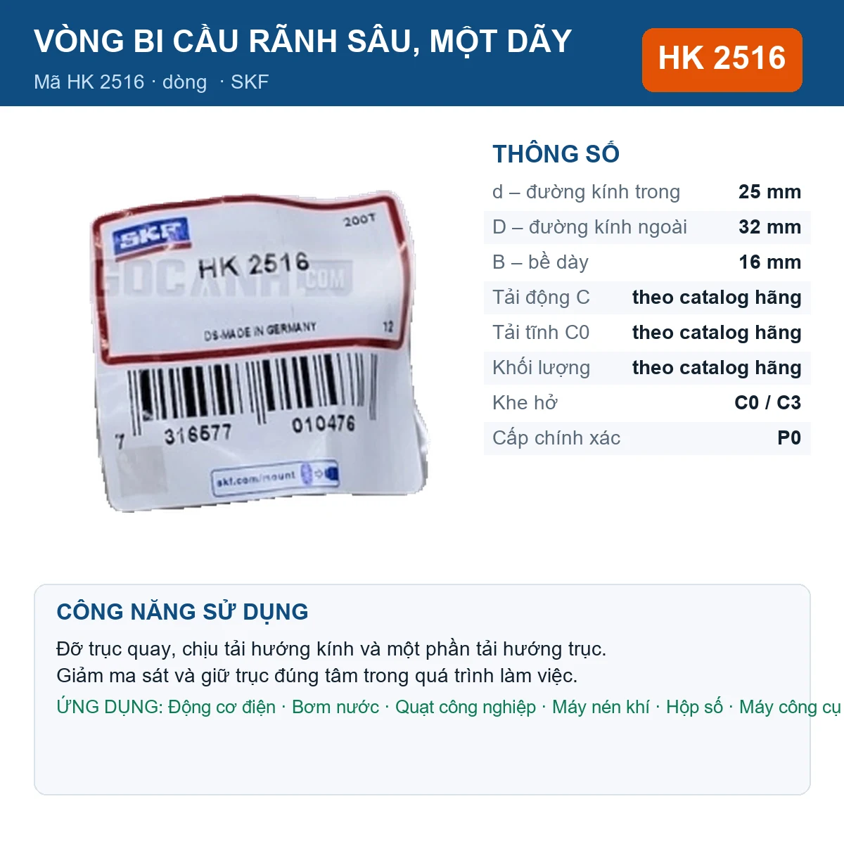 Vòng bi SKF HK 2516 25x32x16mm — Ảnh đăng sản phẩm (web)