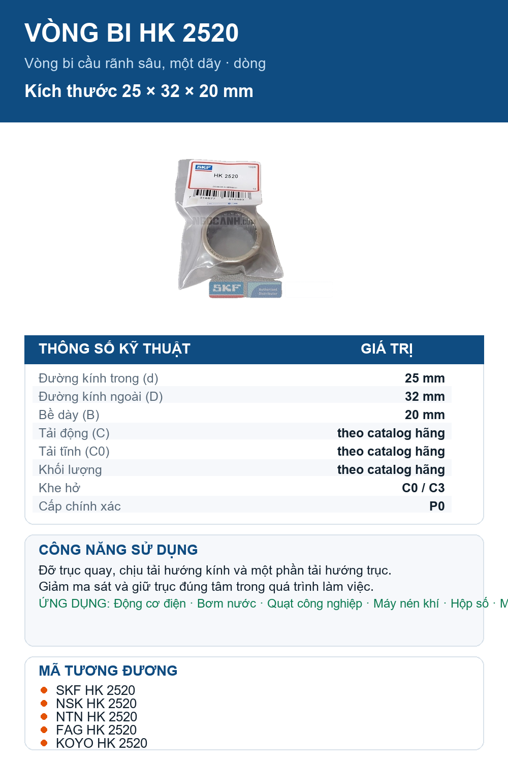 Vòng bi SKF HK 2520 25x32x20mm — Ảnh thông số (Pinterest)