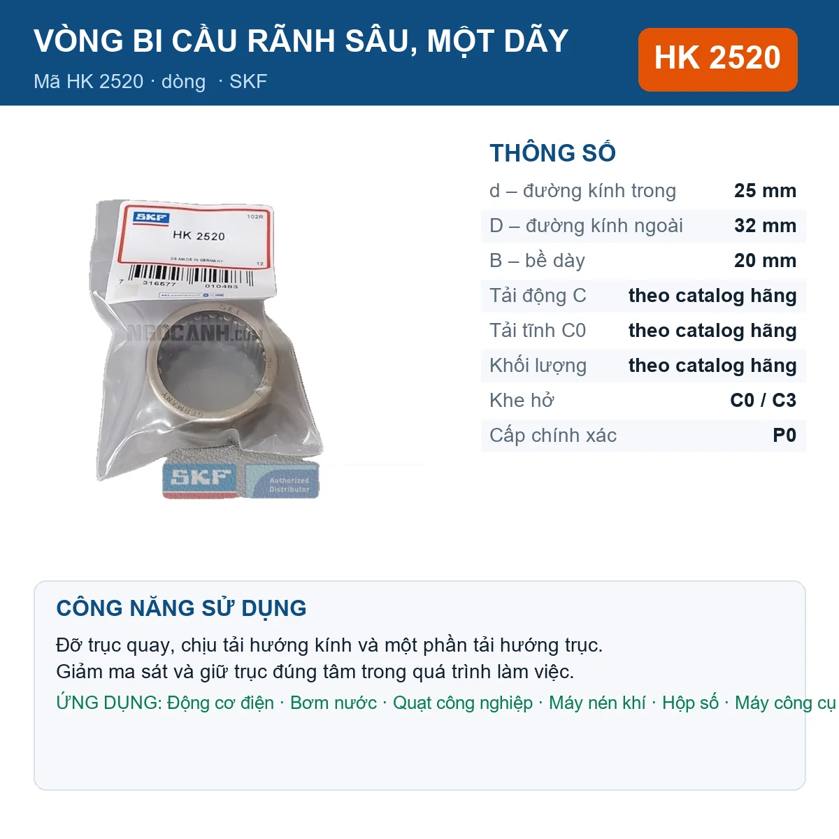 Vòng bi SKF HK 2520 25x32x20mm — Ảnh đăng sản phẩm (web)