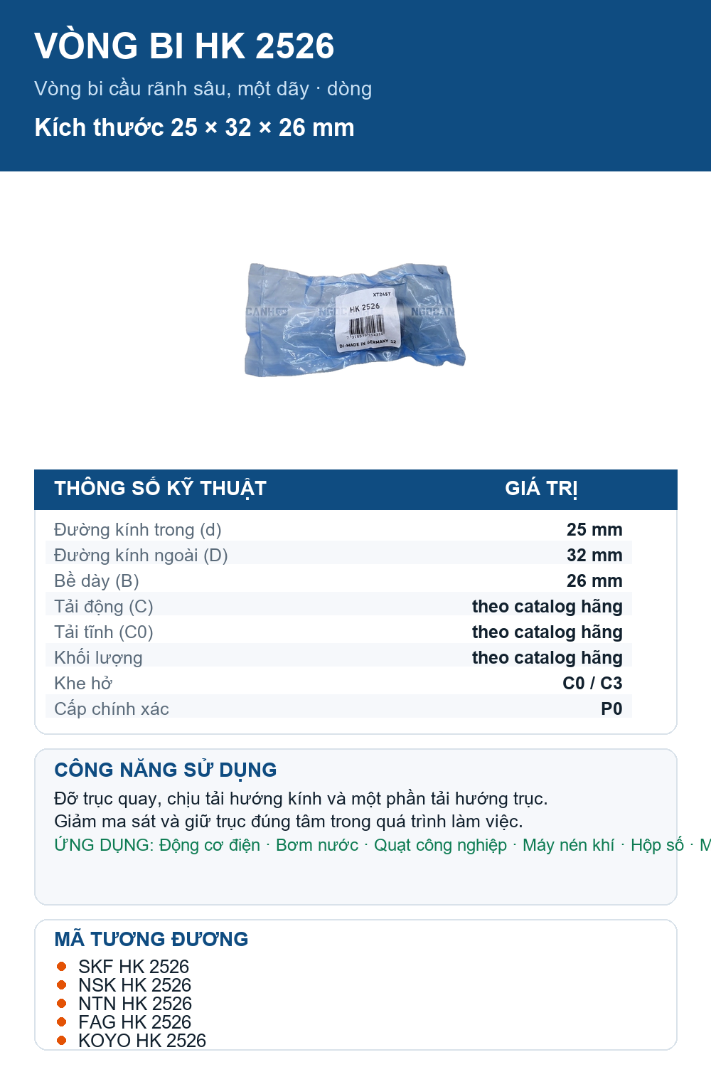 Vòng bi SKF HK 2526 25x32x26mm — Ảnh thông số (Pinterest)
