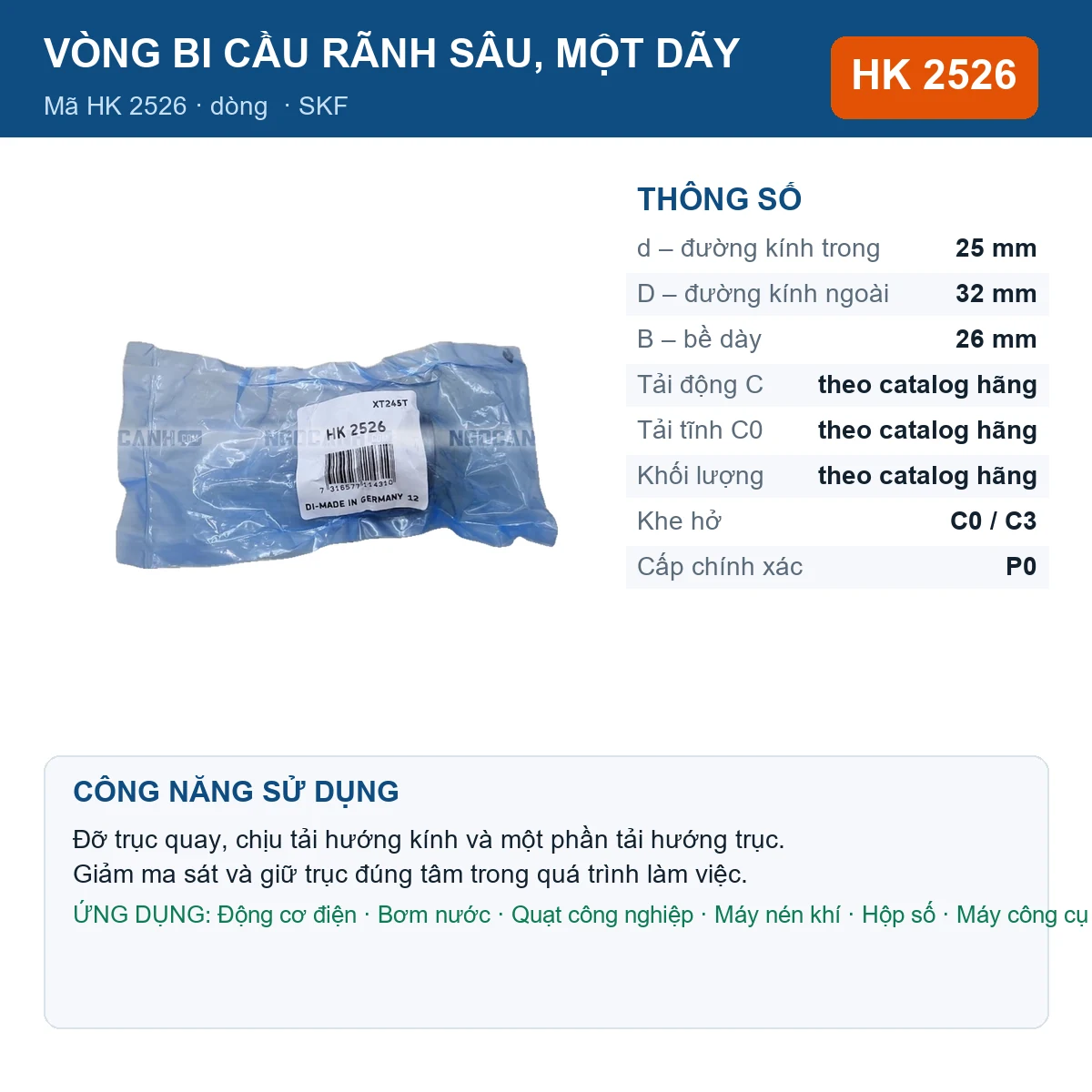 Vòng bi SKF HK 2526 25x32x26mm — Ảnh đăng sản phẩm (web)