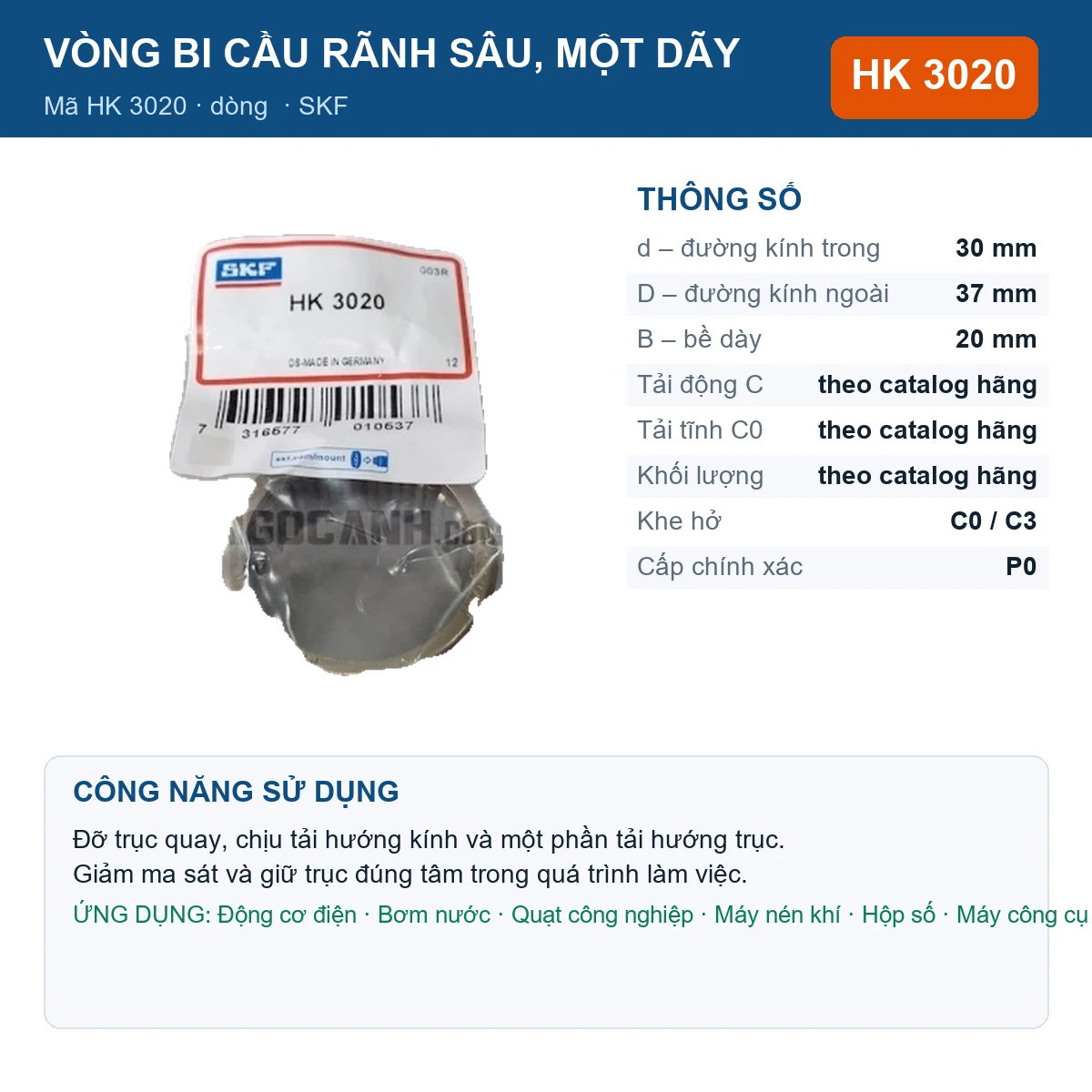 Vòng bi SKF HK 3020 30x37x20mm — Ảnh đăng sản phẩm (web)