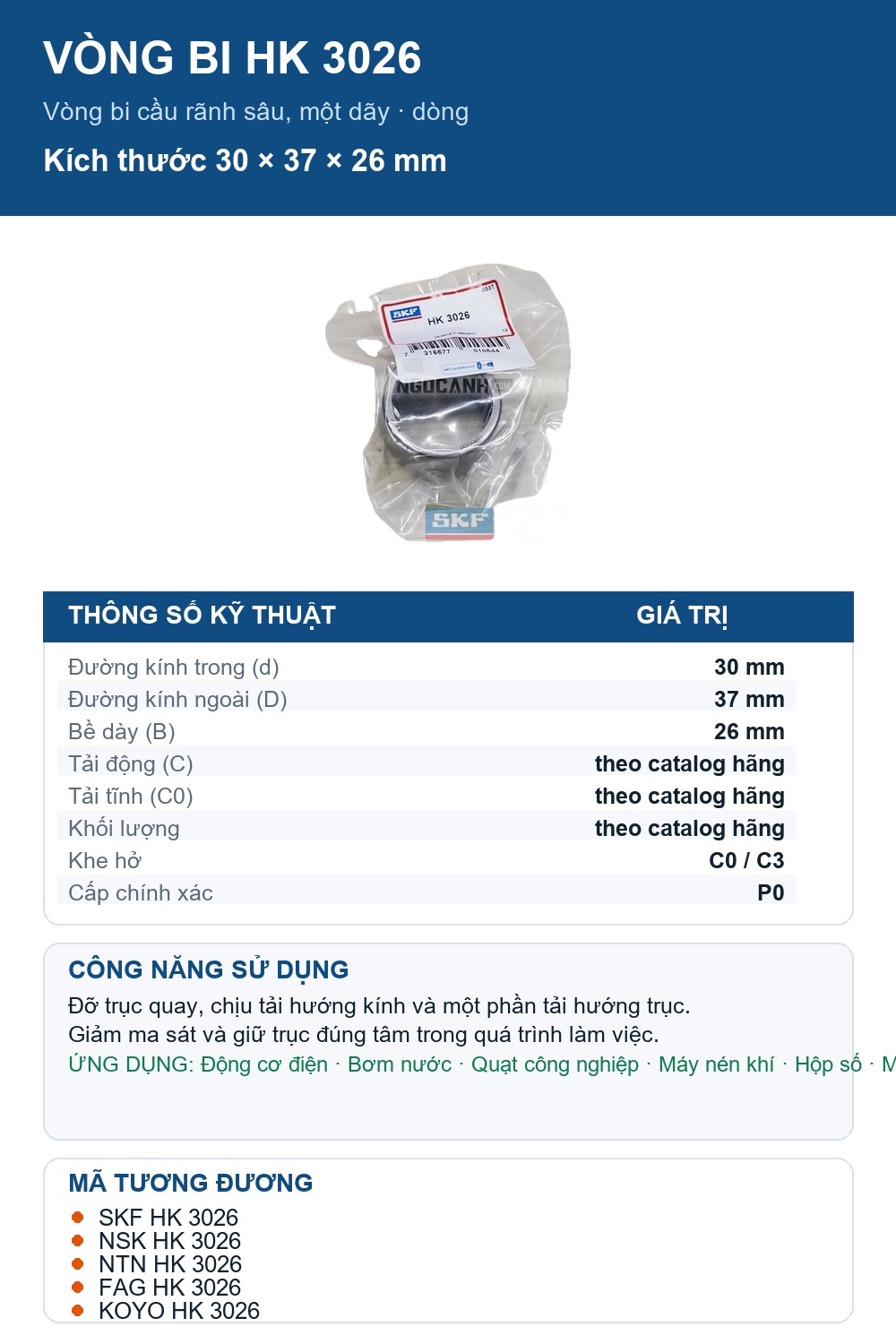 Vòng bi SKF HK 3026 30x37x26mm — Ảnh thông số (Pinterest)