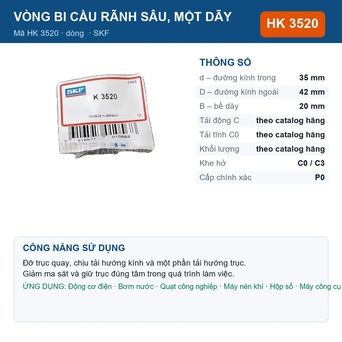 Vòng bi SKF HK 3520 — kích thước 35x42x20mm