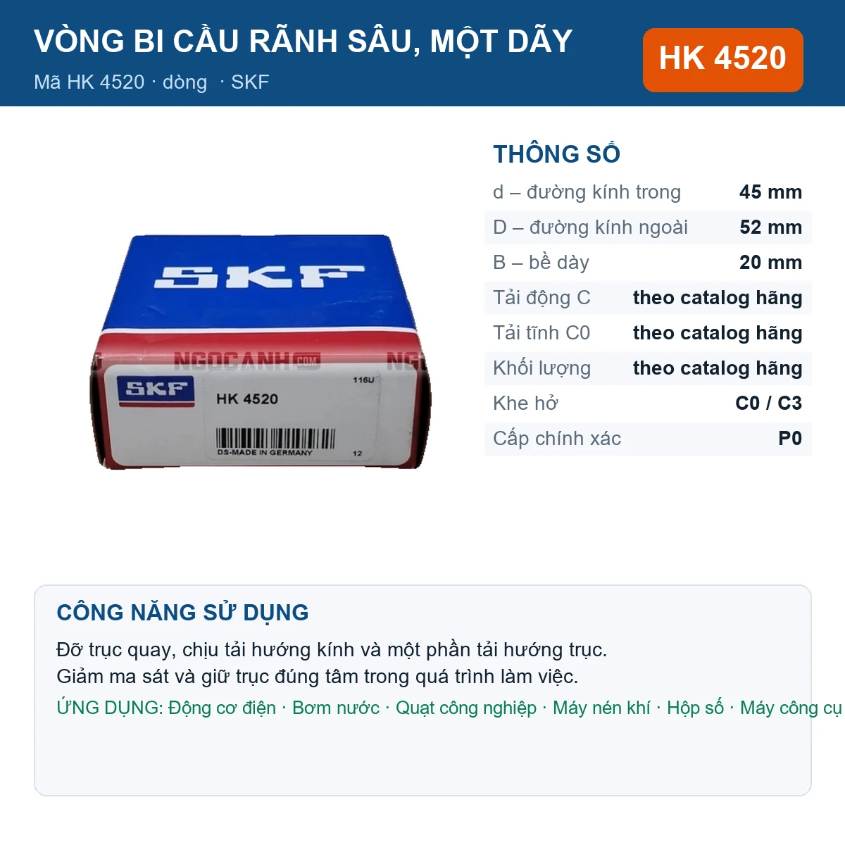 Vòng bi SKF HK 4520 45x52x20mm — Ảnh đăng sản phẩm (web)