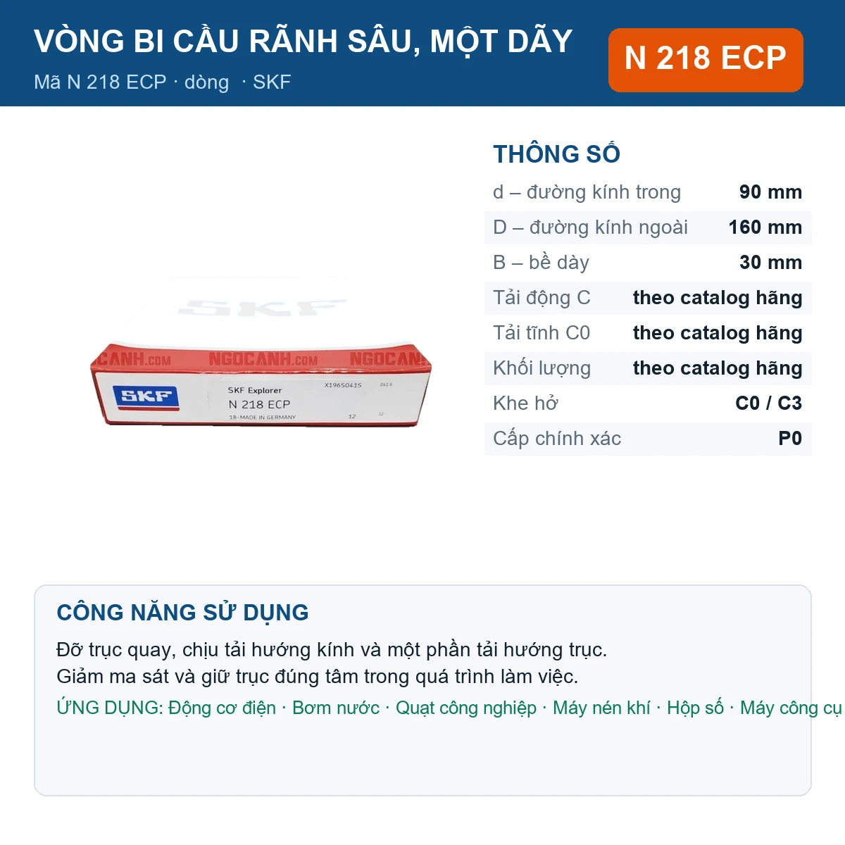 Vòng bi SKF N 218 ECP — kích thước 90x160x30mm