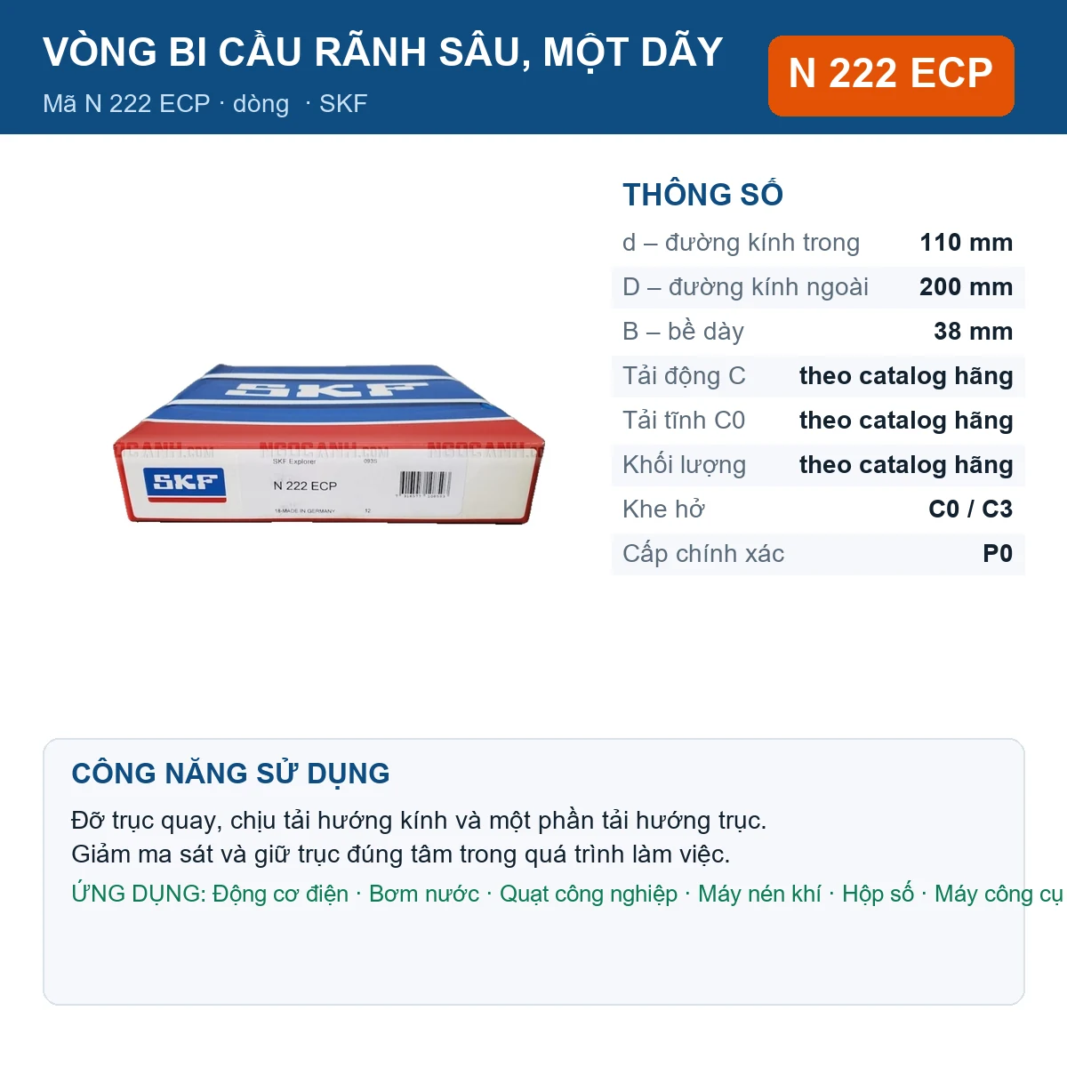 Vòng bi SKF N 222 ECP — kích thước 110x200x38mm