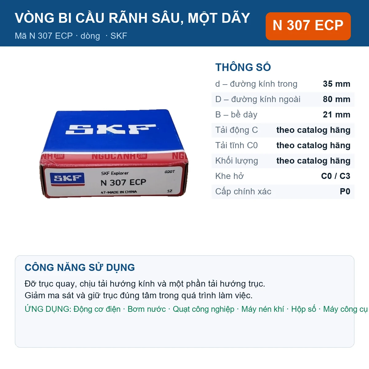 Vòng bi SKF N 307 ECP 35x80x21mm — Ảnh đăng sản phẩm (web)