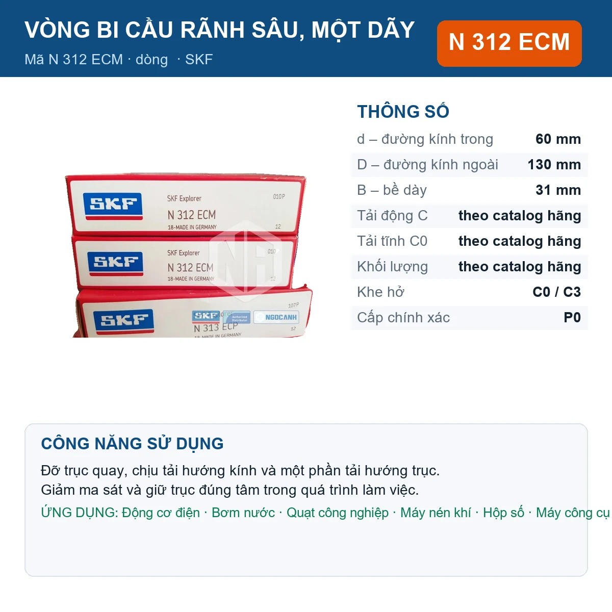 Vòng bi SKF N 312 ECM — kích thước 60x130x31mm