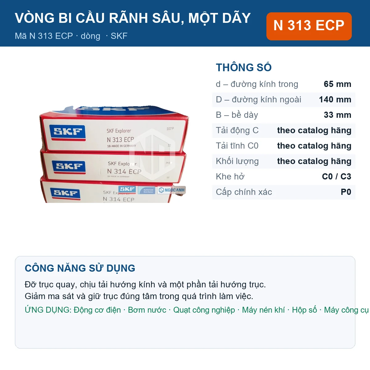 Vòng bi SKF N 313 ECP 65x140x33mm — Ảnh đăng sản phẩm (web)